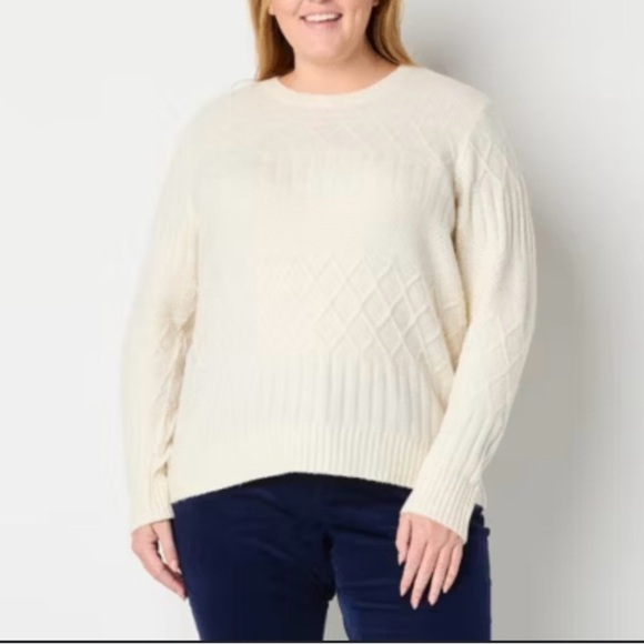 St. John's Bay Cream Cable Knit Crew Neck Sweater - Picture 1 of 12